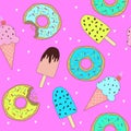 Vector pattern with cute donuts and ice cream.