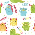 Vector pattern. Cute, kind monsters, multicolored inscriptions Royalty Free Stock Photo