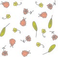 Vector pattern of cute ladybugs, flowers and leaves. Cartoon style. Royalty Free Stock Photo