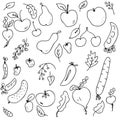 Cartoon style. Hand drawn vector pattern of cute vegetables and fruits harvest