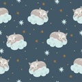 Vector pattern. Cute stag, roe, doe, deer sleeping on the moon. Night sky and stars Royalty Free Stock Photo