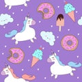 Vector pattern with cute unicorns, clouds, donuts and ice cream. Royalty Free Stock Photo