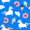 Vector pattern with cute unicorns, clouds, donuts and ice cream. Royalty Free Stock Photo