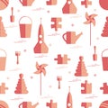 Vector pattern of different kids toys objects: rocket, puzzle, b