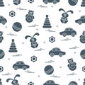 Vector pattern of different toys: car, pyramid, roly-poly, ball, hare, rattle. Royalty Free Stock Photo