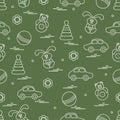 Vector pattern of different toys: car, pyramid, roly-poly, ball, hare, rattle. Royalty Free Stock Photo