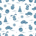 Vector pattern of different toys: car, pyramid, roly-poly, ball, hare, rattle. Royalty Free Stock Photo