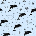 Vector pattern with dolphins, moon and stars, space constellations. Beautiful wall texture