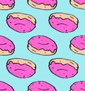 vector pattern of a donut with pink icing on top on a blue background. hand-drawn doodle-style doughnut side view with