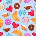 Vector pattern of donuts, cappuccino cups, croissants and red hearts