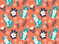 vector pattern doodle cat and flowers on orange background