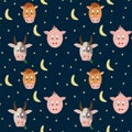 Vector pattern of farm animals in a circle of stars and the moon. Cute Cow, Horse and Pig portraits in cartoon style. Isolated Royalty Free Stock Photo