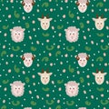 Vector pattern of farm animals on a green background. Cute portraits of goat, sheep and ram in cartoon style. Isolated background Royalty Free Stock Photo
