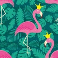 Vector pattern with flamingos and palm leaves Royalty Free Stock Photo
