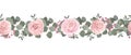 Vector pattern. Floral border. Green eucalyptus, pink roses, ranunculus, pink gypsophila. Royalty Free Stock Photo