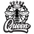 Vector pattern with flying bee, crown and calligraphic inscription - queen