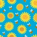 Vector pattern with flying cartoon bees isolated on blue background Royalty Free Stock Photo