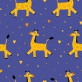 Vector pattern of funny cartoon giraffes on a dark purple background. Yellow smiling giraffes walk one after another in Royalty Free Stock Photo