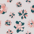 Vector pattern with green and pink succulents on grey background