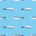 a pattern of grey blue sardines. Seamless drawing of a hand-drawn sketch of a small sardine fish, blue-gray with a blue