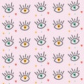 Vector pattern with hand drawn doodle eyes. Modern seamless background with open eyes funny hand drawn doodle
