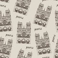 Vector pattern with hand drawn Notre Dame de Paris Cathedral, France Royalty Free Stock Photo