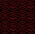 Vector seamless pattern of hand drawn red hearts in doodling style on black background. Royalty Free Stock Photo