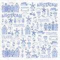 Vector pattern with Holland, Netherlands, Amsterdam icons. Doodle style.