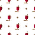 Pattern illustration with composition of cinnamon sticks, irish glasses with mulled wine and cardamon