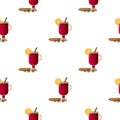 Pattern illustration with composition of cinnamon sticks, irish glasses with mulled wine, orange slices and cardamon