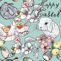 Seamless vector Easter illustration. Pattern rabbits, cupcake, Easter cupcake, flowers, words for print to designers Royalty Free Stock Photo