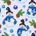 Seamless pattern of snowmen in hat and mittens. Vector illustration. Royalty Free Stock Photo