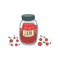 Vector pattern of jam jars with cherries. Illustration of sweet food in the style of doodle. Handdrawn art