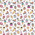 vector pattern of kawaii dessert, sweet and dessert doodle. Pattern wiht cute cake, sweet donat, cartoon cookies and