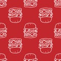 Vector a pattern of a large hamburger on red. seamless Burger pattern, drawn in doodle style white outline on red, menu design