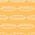 Vector pattern of a large sandwich with a salad in a flat style. a seamless pattern of hand-drawn sandwiches from a long bun with