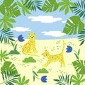 Vector pattern with leopards and tropical leaves.