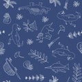 Vector pattern, linear art, white dinosaurs on phantom blue background.