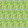 Vector pattern with linear icon flowers and easter decorative eggs on dark gray background. Happy Easter background Royalty Free Stock Photo