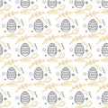 Vector pattern with linear icon flowers and easter decorative eggs on dark gray background. Happy Easter background Royalty Free Stock Photo