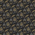 Vector pattern with linear icon flowers and easter decorative eggs on dark gray background. Happy Easter background Royalty Free Stock Photo