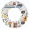 Vector pattern with musical intstruments. Rock, jazz, disco, karaoke. Modern and classic music. Doodle style icons.