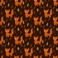 Vector pattern with orange foxes and leaves on brown background