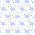 Vector pattern of ornament pattern with blue rabbit hare and blue letters and gray heart font pet protection animal on white backg