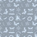 Vector pattern of owls and elements on gray background. Seamless illustration of birds, feathers and branch