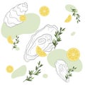 Vector pattern of oysters on white background and blue stains. Lemon and greens decoration. National oyster day. Open and closed o Royalty Free Stock Photo