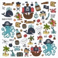 Vector pattern with pirate icons. Adventure, birthday party.