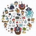 Vector pattern with pirate icons. Adventure, birthday party.