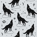 Vector pattern with polar wolves, moon and stars, space constellations. Beautiful wall texture