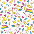 Vector pattern with pony unicorns, magic wand, crown and diamonds